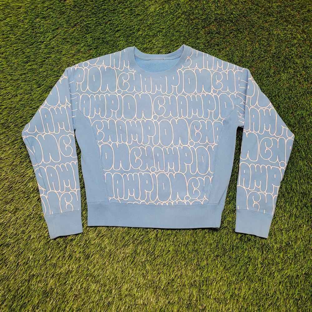 VTG Champion Reverse Weave Sweatshirt Womens M Cropped Boxy Fit Y2K AOP